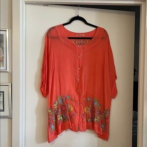 Johnny Was Coral Orange Embroidered Button-Front Tunic
